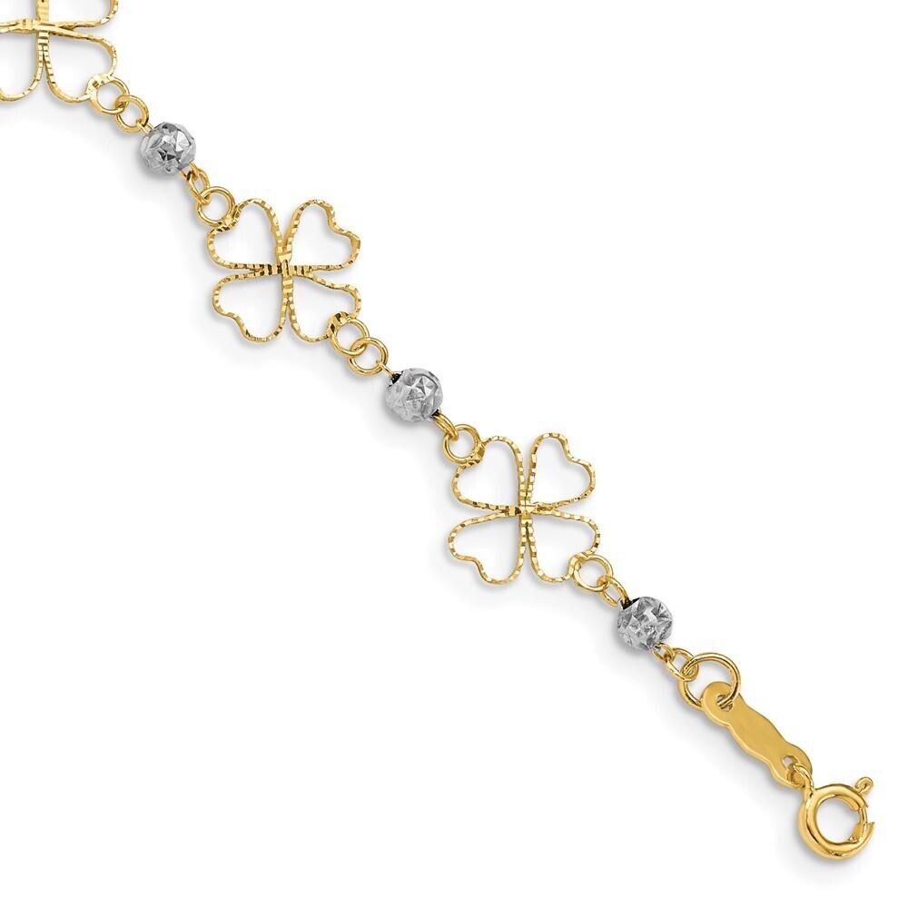 14k Yellow Gold Two-tone Diamond-cut Open Clovers & Beads Bracelet